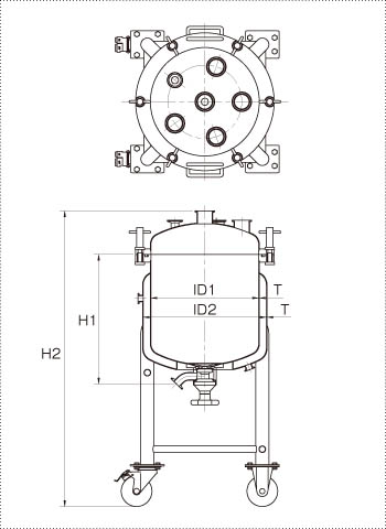 ジャケット型脚付フランジオープン加圧容器タンク底バルブの製品仕様図