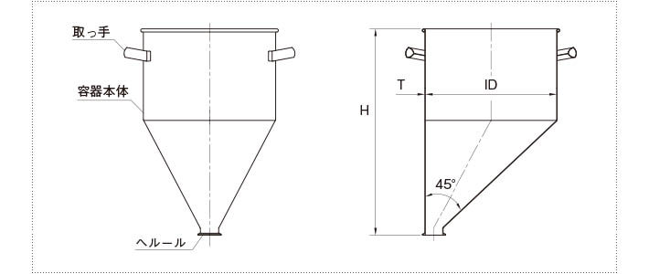 偏心ホッパー容器の製品仕様図