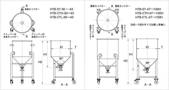 脚付ホッパー容器タンク底バルブの製品仕様図