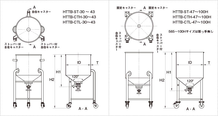 脚付ホッパー容器120°タンク底バルブの製品仕様図