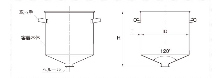 ホッパー容器 120°の製品仕様図