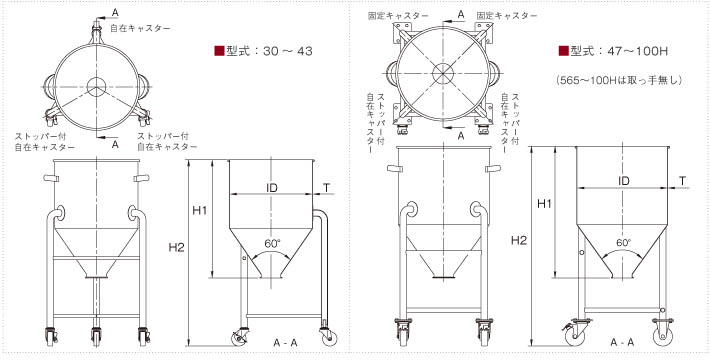 粉体用脚付ホッパー容器の製品仕様図