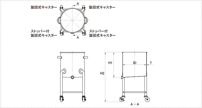 4本脚付スロープ容器の製品仕様図