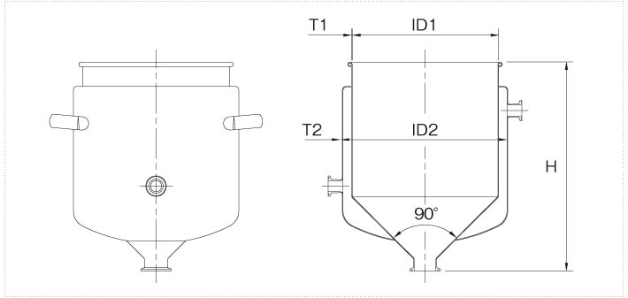 HTFPJ耐圧ジャケット型ホッパー容器（へルール接続型） 製品仕様図