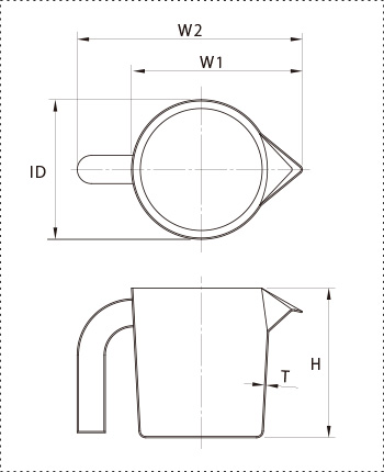BK-SMA-DP 液だれ防止サニタリービーカー 寸法図（容量1〜5L、SUS316L、内外面バフ研磨）