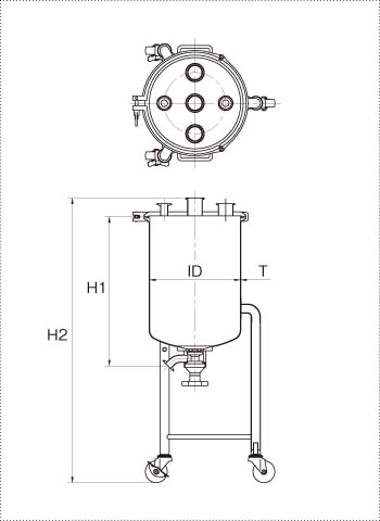 脚付へルールオープン加圧容器タンク底バルブの製品仕様図