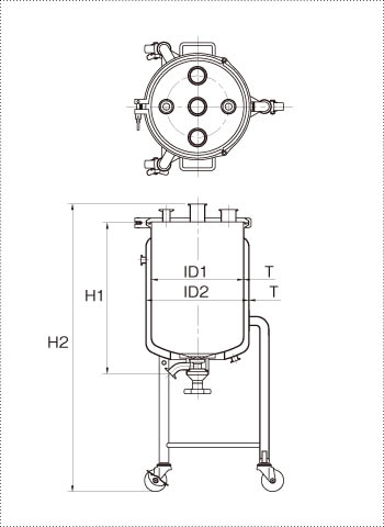 ジャケット型脚付へルールオープン加圧容器タンク底バルブの製品仕様図
