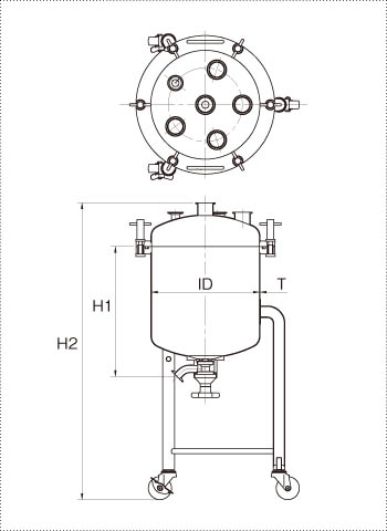 脚付フランジオープン加圧容器タンク底バルブの製品仕様図