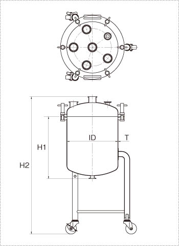 脚付フランジオープン加圧容器の製品仕様図