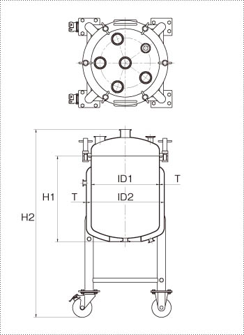 ジャケット型脚付フランジオープン加圧容器の製品仕様図