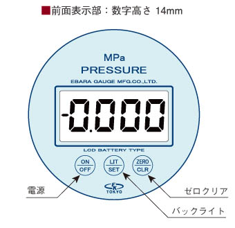 液晶デジタル圧力計電池タイプPDL75-SA
の表示部分の仕様図